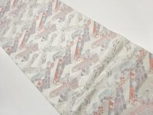 扇子に将軍・松・花々模様織出し袋帯